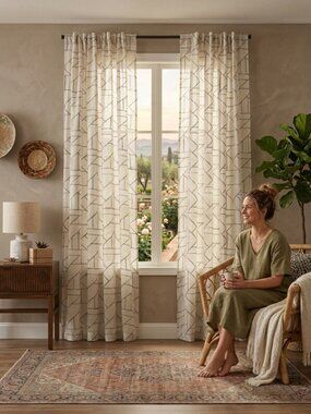 ARCHAEO Jigsaw Embroidery Linen Blend Rod Pocket Curtain Panel, Grey, 50X95